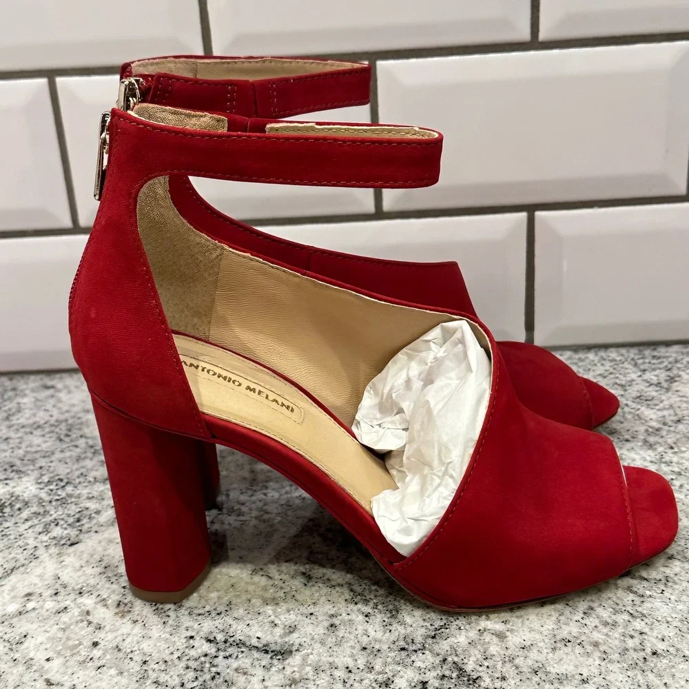 Antonio Melani Womens 7M Ehren Heels Red Rouge Suede Peep Toe Block Zip Glam